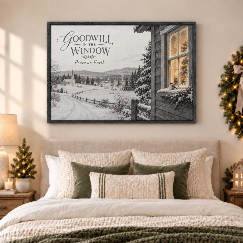 «Snowy Cabin Window with Chickadee and Distant Christmas», art mural sur toile, H 36 po x l 48 po