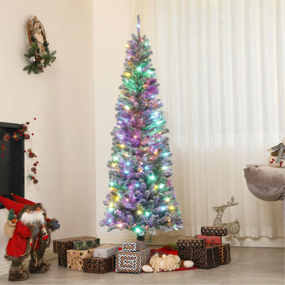 Arbre de Noël illuminé 6 pi avec 6 lumières à DEL bicolores et 429 branches, arbre de Noël artificiel avec support en métal pour fête des Fêtes, vert