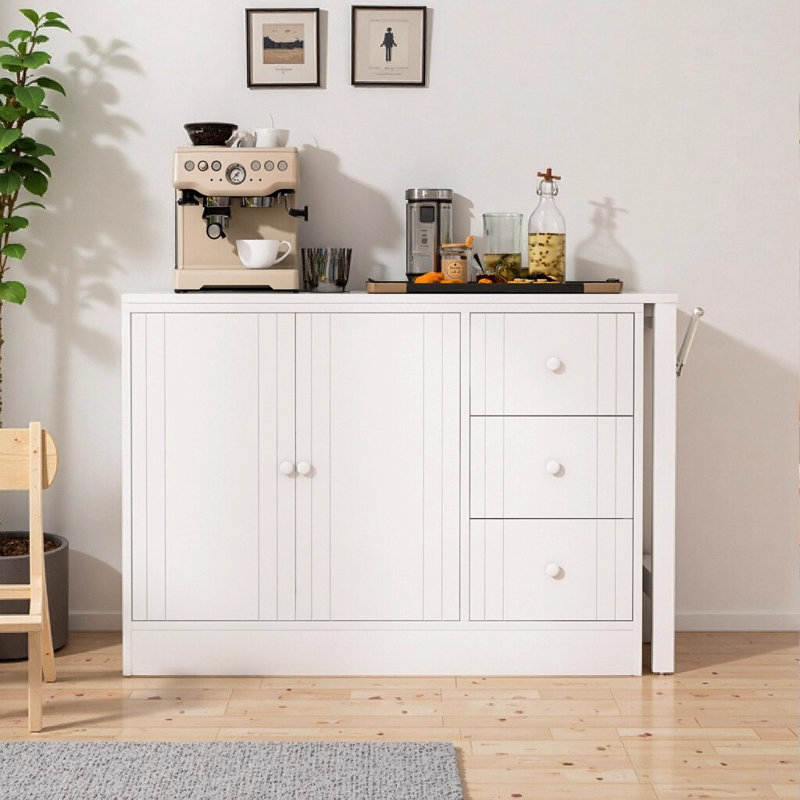 89.7'' Wooden Sideboard with Extendable Dining Table, Multifunctional Storage Cabinet with 2 Doors and 3 Drawers for Living Room, Kitchen, Study & Foyer, White