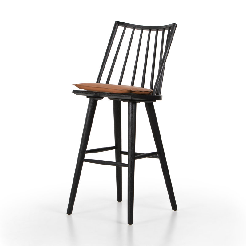 Lewis Windsor Solid Wood Stool, Bar Stool (29" Seat Height), Black Oak, Brown/Sheepskin
