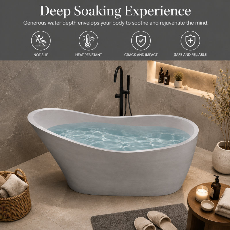 67.3" x 29.7" Freestanding Soaking Cement Bathtub, White 