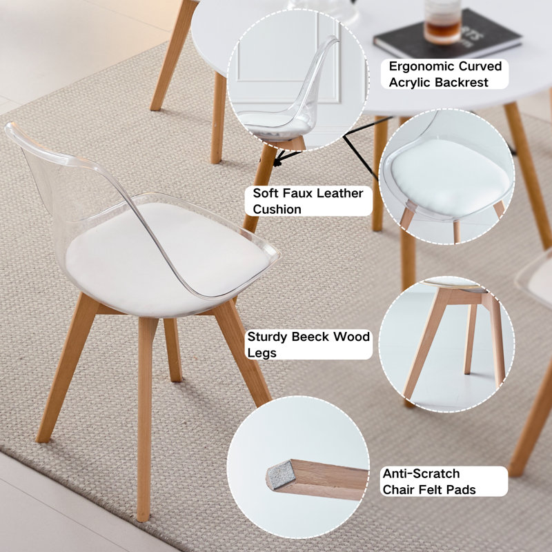 Acrylic Dining Chairs Set of 2, Clear Kitchen Chair with Padded Seat, Solid Wood Legs For Living Room, Home Office, 2, Clear