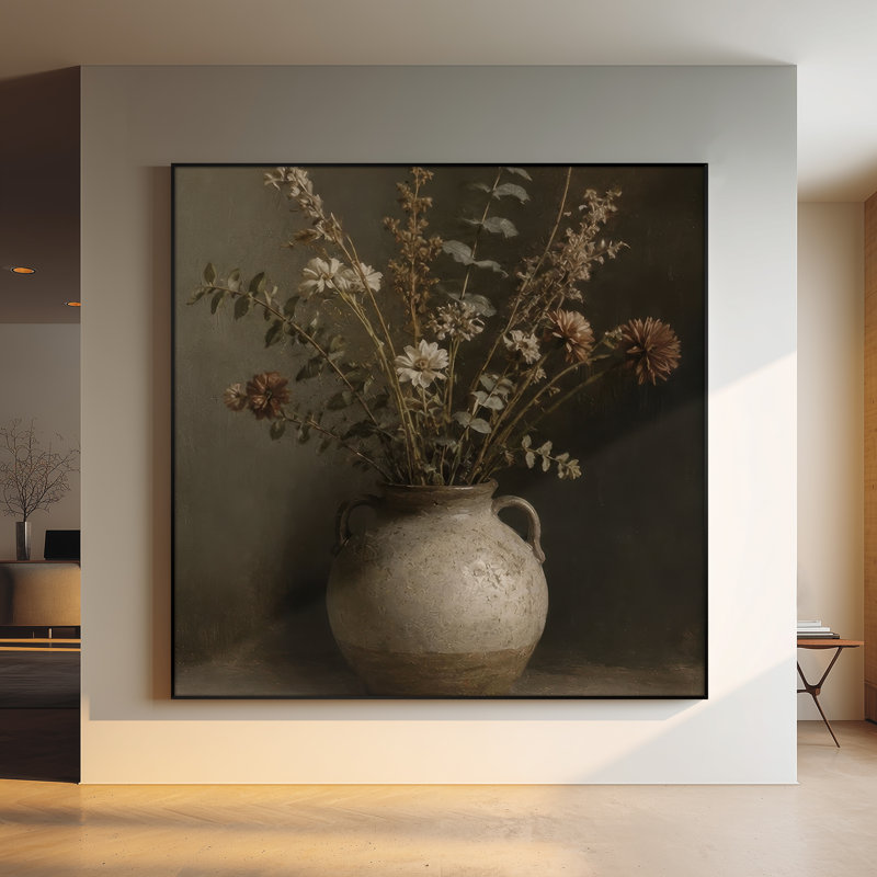 Très grande reproduction d'art sur tissu - Bouquet de fleurs sauvages rétro dans un vase en céramique rustique pour le salon ou la chambre à coucher - «Assemblage requis du cadre (cadre non fini)»