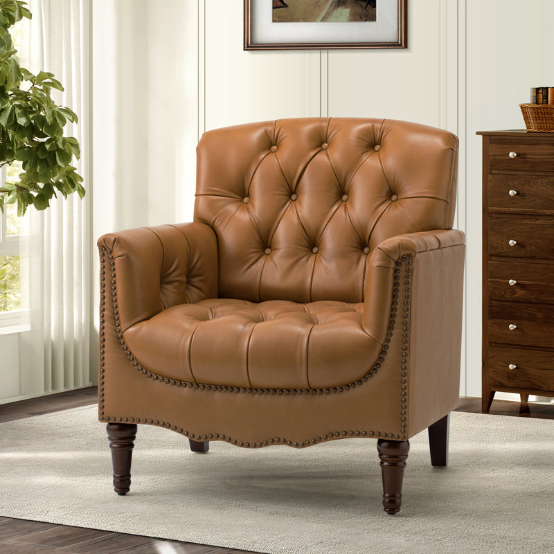 Annja 32" W Tufted Leather Armchair, Camel Top Grain Leather