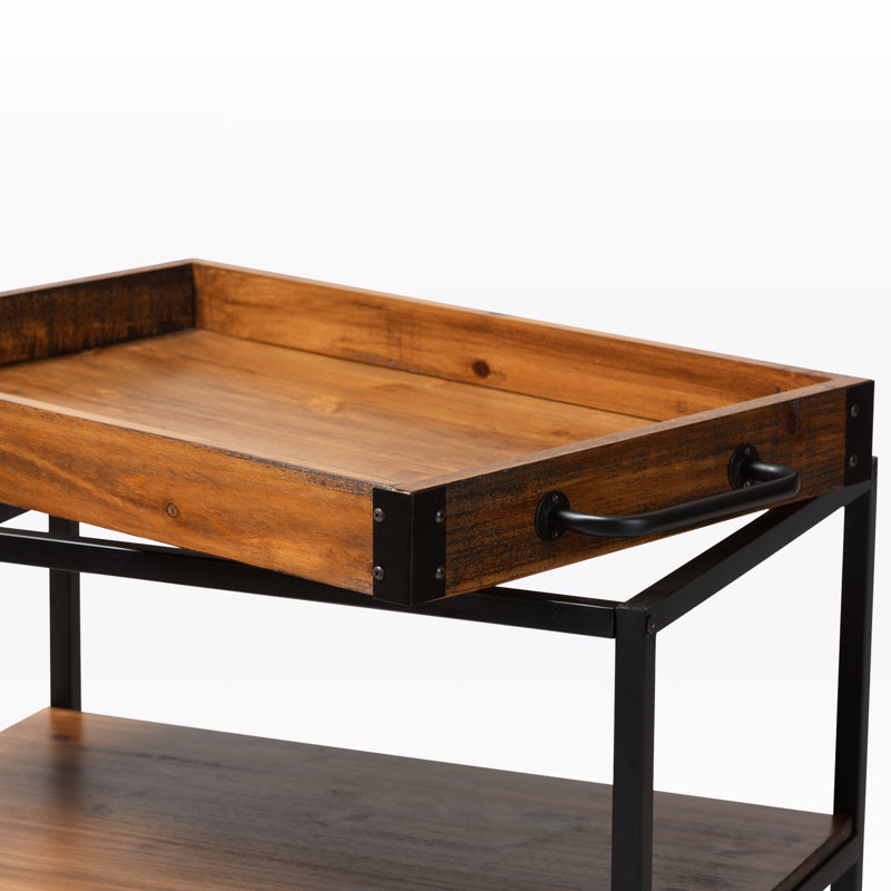 Capri Rustic Oak and Black Metal Mobile Bar Cart with Wine Storage