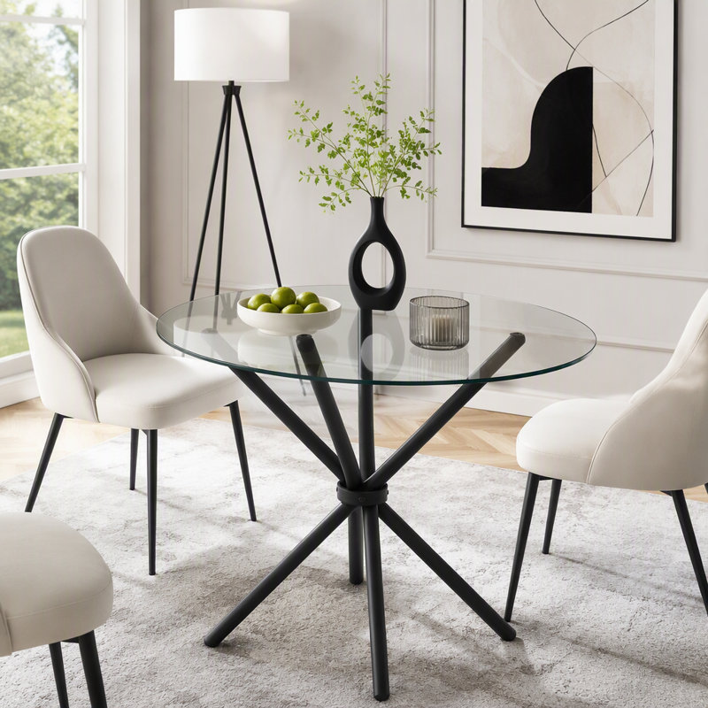 Table de salle à manger ronde en verre avec pieds en métal en forme d'anneau, Black+Transparent