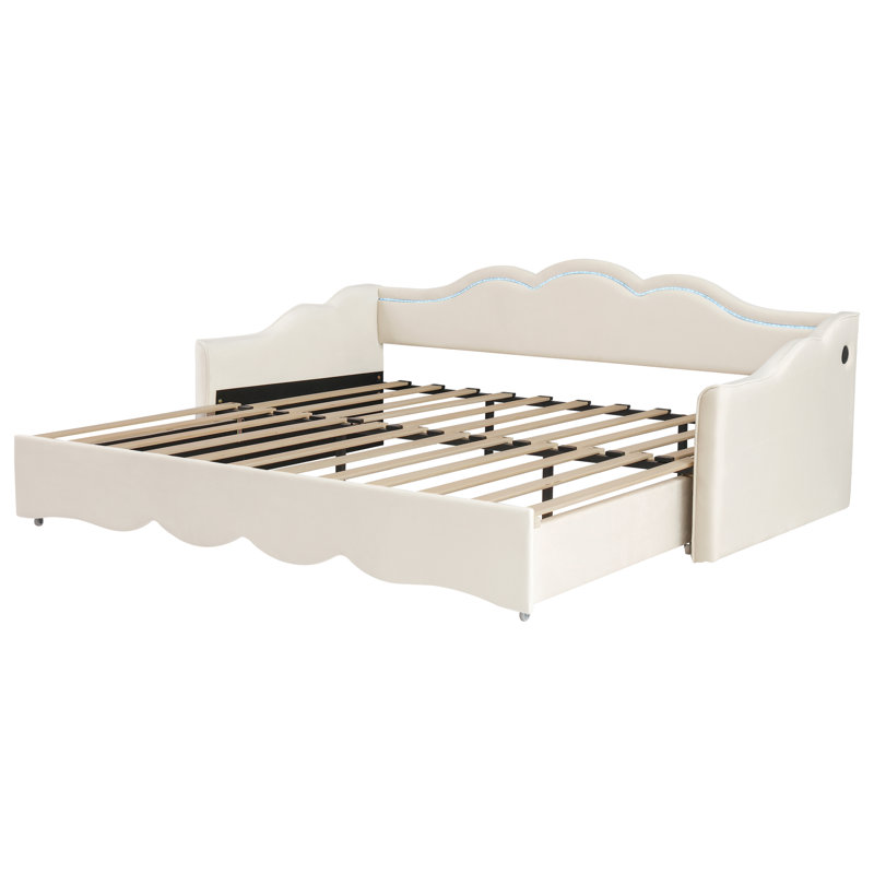Upholstered Daybed with Trundle Bed, Beige