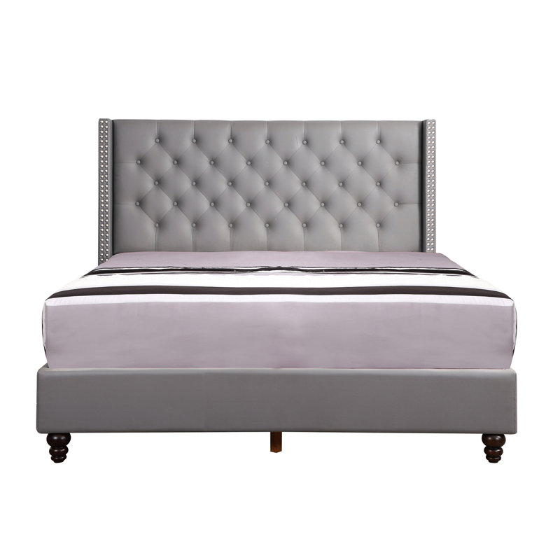 Grand lit rembourré gris, hauteur 50 po, largeur 66 po, profondeur 86 po, rembourrage en mousse souple, style transitionnel pour la décoration intérieure, décoration de chambre facile à assembler, assembler