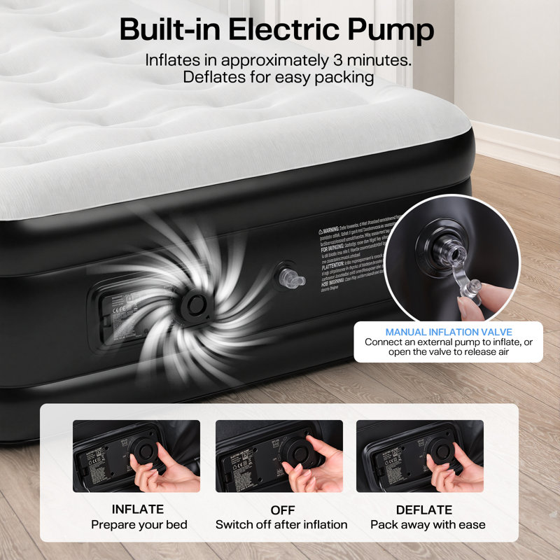 Single Air bed with Built-In Pump, Raised Headboard and Flocked Top Single Blow Up Mattress with Fast Inflation and Deflation Carry Bag for Overnight Guests Home