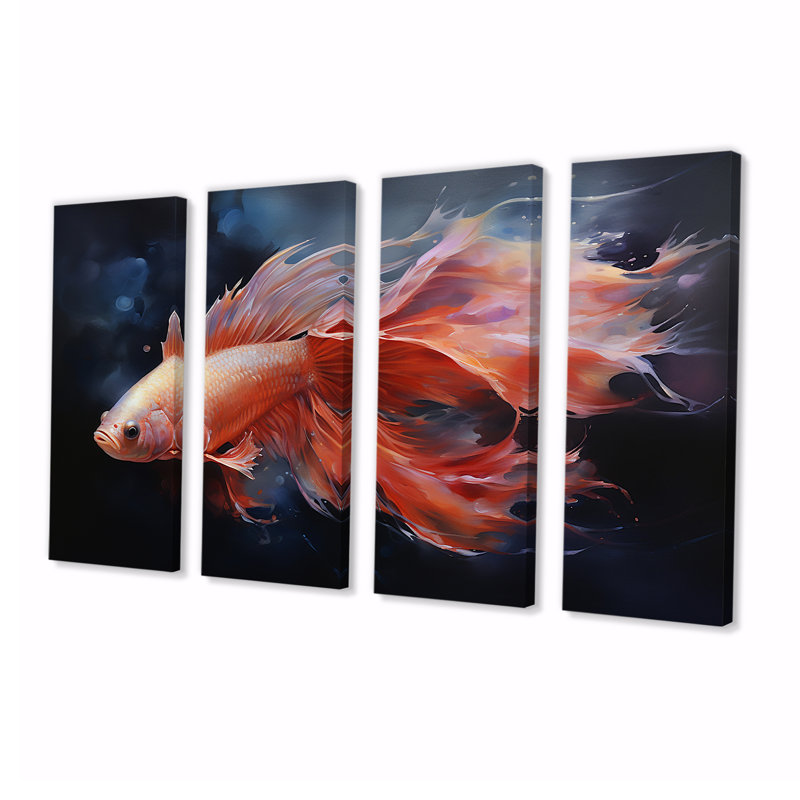 Vibrant Red Betta Fish Majestic Tail - Fish Animal Wall Art Decor Set 4 Piece, 28" H x 48" W