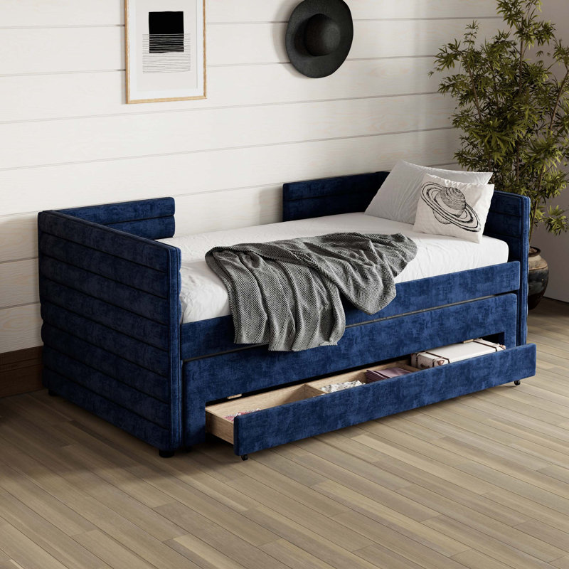 Twin Size Upholstered Daybed With Trundle And 3 Storage Drawers, Chenille Fabric Sofa Bed For Guest Room, Living Room, Space-Saving Modern Day Bed Frame, No Box Spring Needed