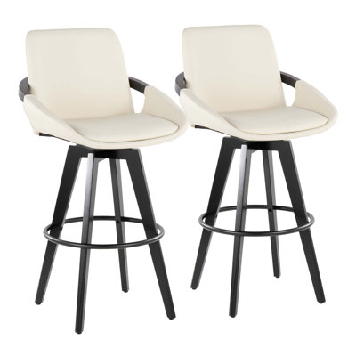 Tabouret de bar à hauteur fixe avec pivot en bois noir et similicuir brun clair avec repose-pieds rond en métal noir - ensemble de 2