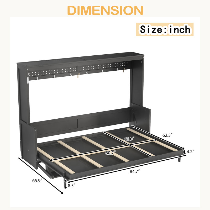 Lit escamotable avec bureau, station de charge USB, lumières DEL, Grand lit, Gris foncé