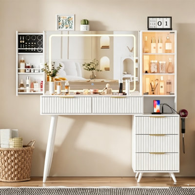 Small Vanity Desk with Mirror and Lights, White and Gold Makeup Vanity Table with LED Lighted Mirror, 3 Lighting Modes, Power Outlet, Drawer, Open Shelves & Cushioned Stool for Bedroom