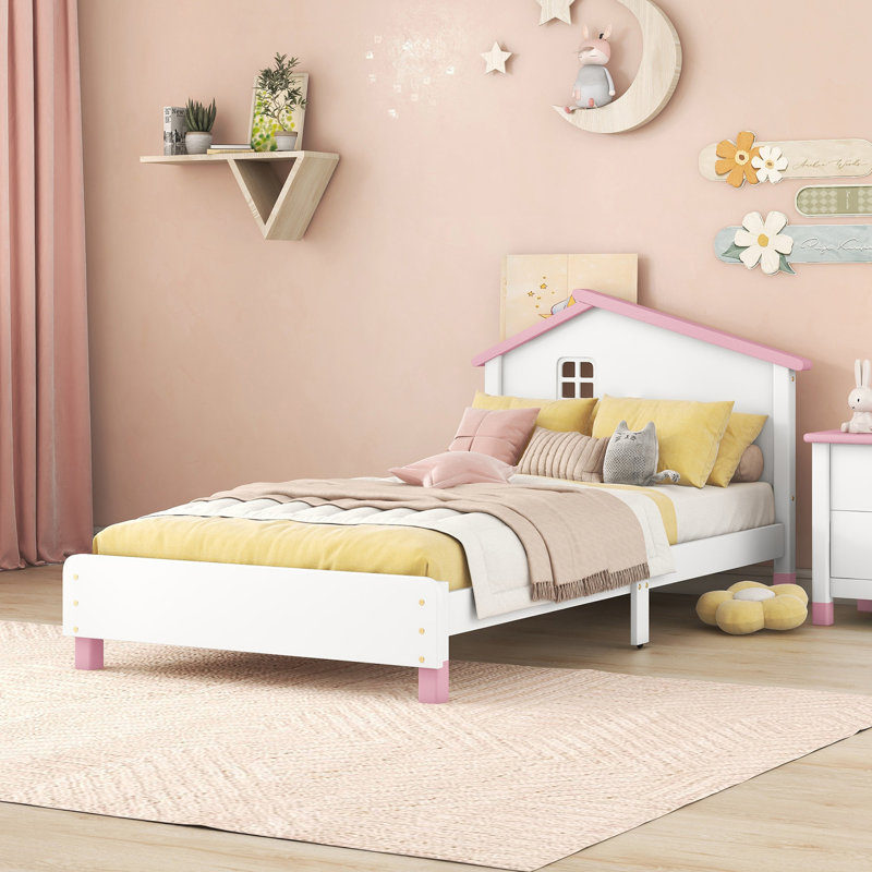 Lit plateforme en bois avec tête de lit en forme de maison, Simple, Blanc / Rose