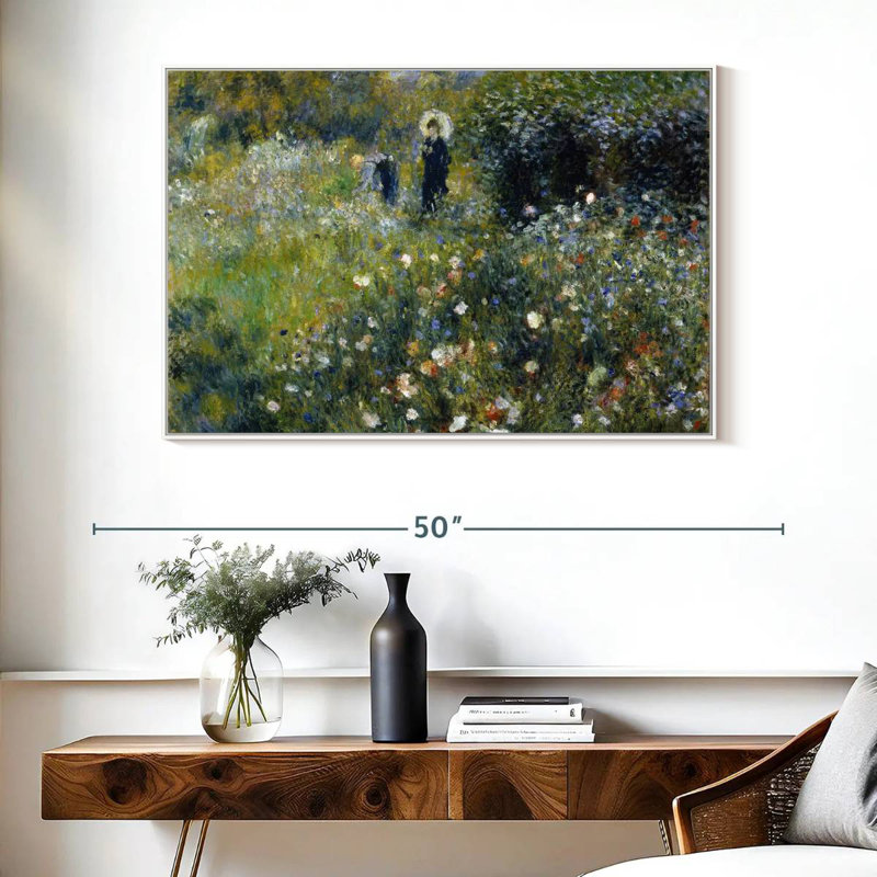 Femme avec un parasol dans un jardin, Cadre flottant blanc, 40 po x 27 po