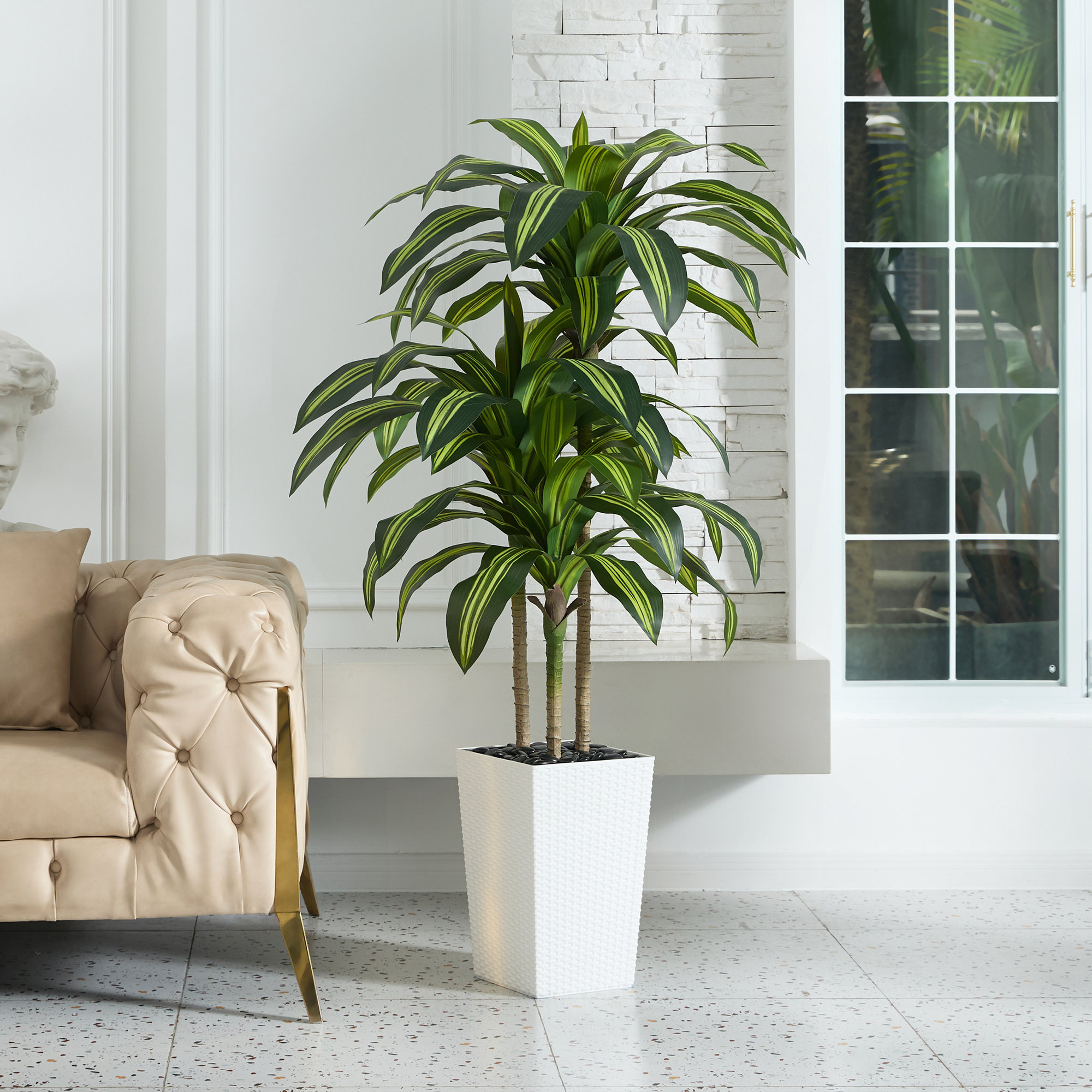 Almina UV Resistant Artificial Yellow Dracaena Tree, Faux Tree with Large Base for Indoor Outdoor, White