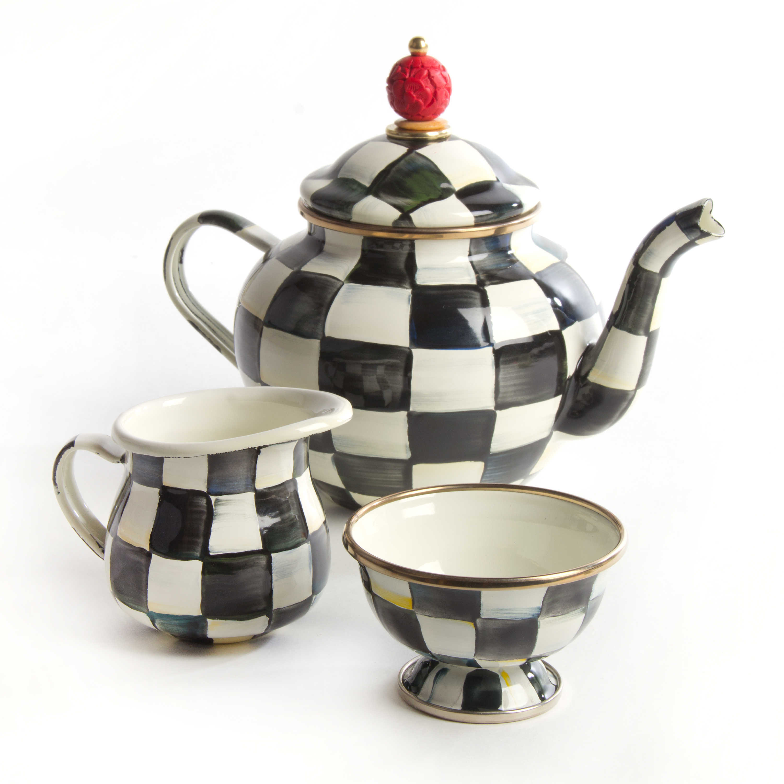 Mackenzie-Childs Courtly Check Enamel Kettle Teapot Black White 3