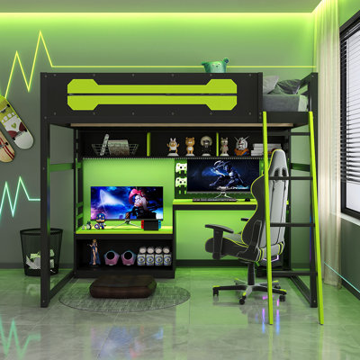 Lit mezzanine double en bois avec bureau, tablettes, lumières DEL, ports USB et panneau perforé, noir et vert