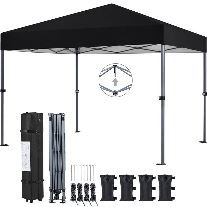 Multi-sized Pop-up Canopy with One-Push-To-Lock Setup Mechanism, 10' W x 10' D, Black