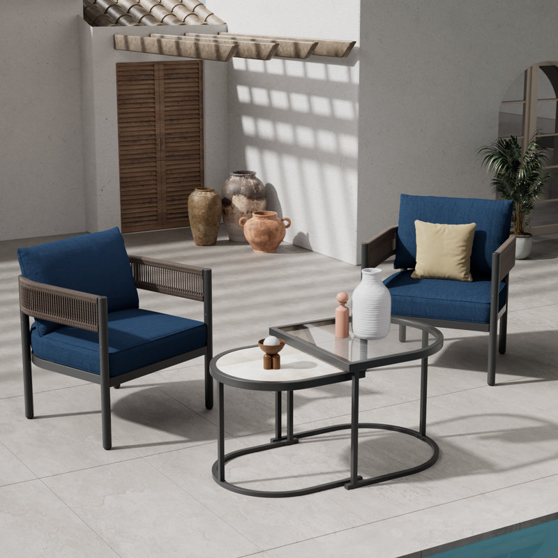 Maine Defino 4 Piece Steel Wicker Seating Group With Cushions, Peacock Blue Cushion/Brown Arm