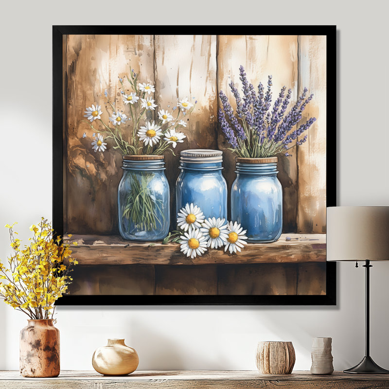 Nature morte II : bocaux Mason violets et blancs et fleurs sauvages - Tableau encadré représentant une grange