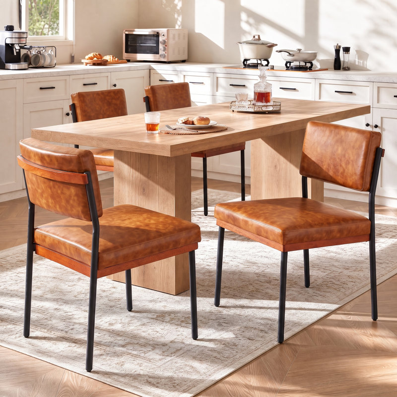 Modern Dining Chairs Set of 4, Kitchen Chairs with Thick Cushions and Adjustable Foot Pads, Upholstered Faux Leather Dining Room Chairs with Sturdy Metal Legs,Brown
