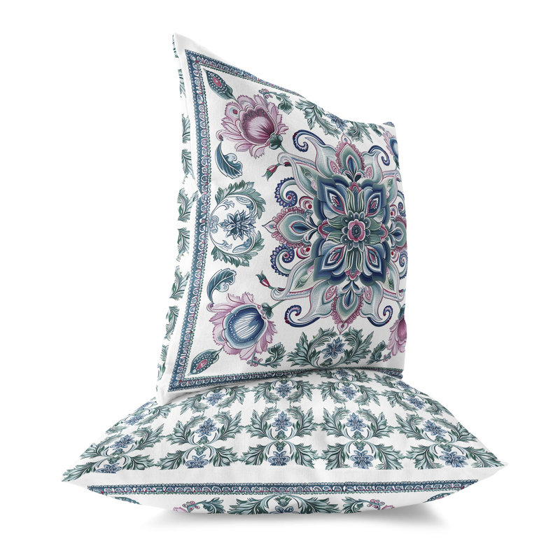 Coussin Leafy Bouquet, H 16 po x l 16 po, Bleu / Rose