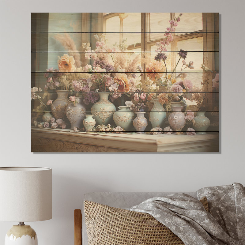 Purple Floral Rococo Pottery Haven - Boho Pottery On Wood Print, 10" H x 20" W x 0.78" D