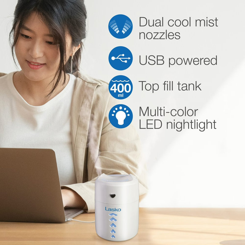 Humidificateur ultrasonique à brume fraîche avec veilleuse Lasko, 190 pieds carrés pi, blanc, UH150