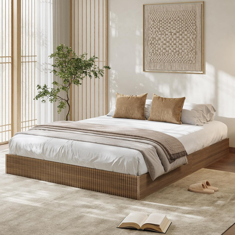 Queen Wood Platform Bed Frame, Fluted Minimalist Design, Walnut, Tan, Queen