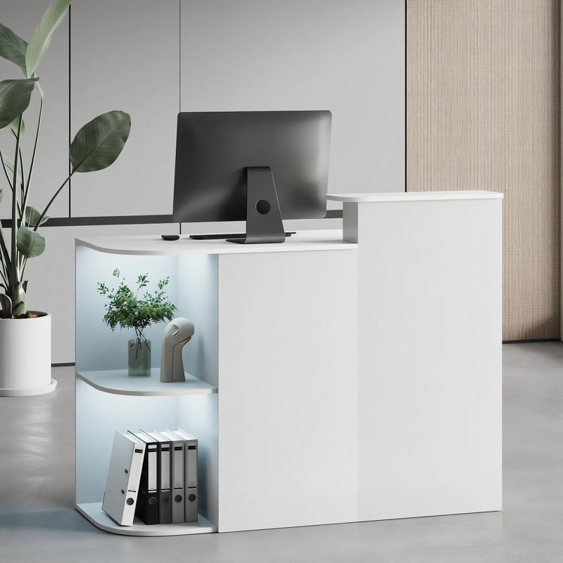 Modern Reception Desk with Open Shelving, Lockable Drawers and Built-In Power Outlets, White