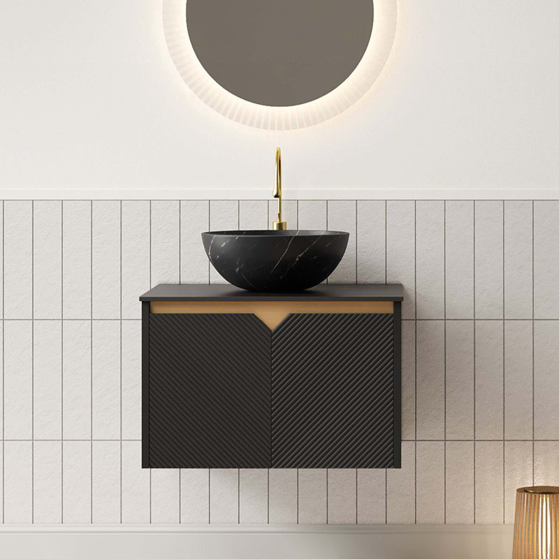 Meuble-lavabo mural en contreplaqué flottant avec portes décoratives et cuve en céramique artistique, Bol