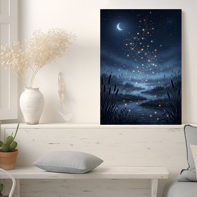 Art mural sur toile, "Glowing Fireflies Over Blue Night Stream", 36"H x 24"W