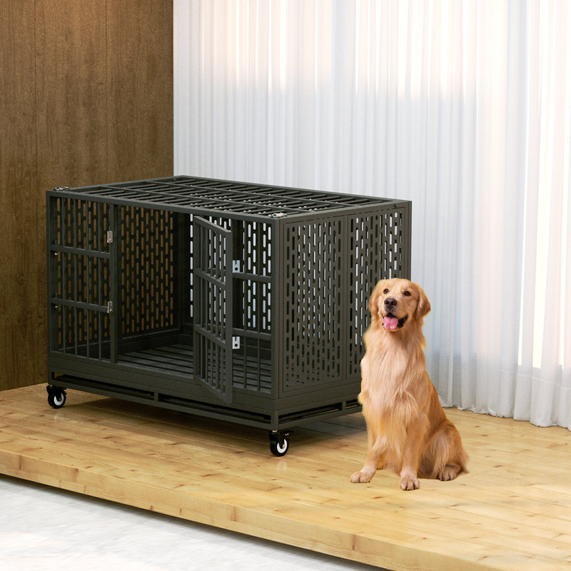 Extra Large Black and Silver Rolling Metal Dog Crate