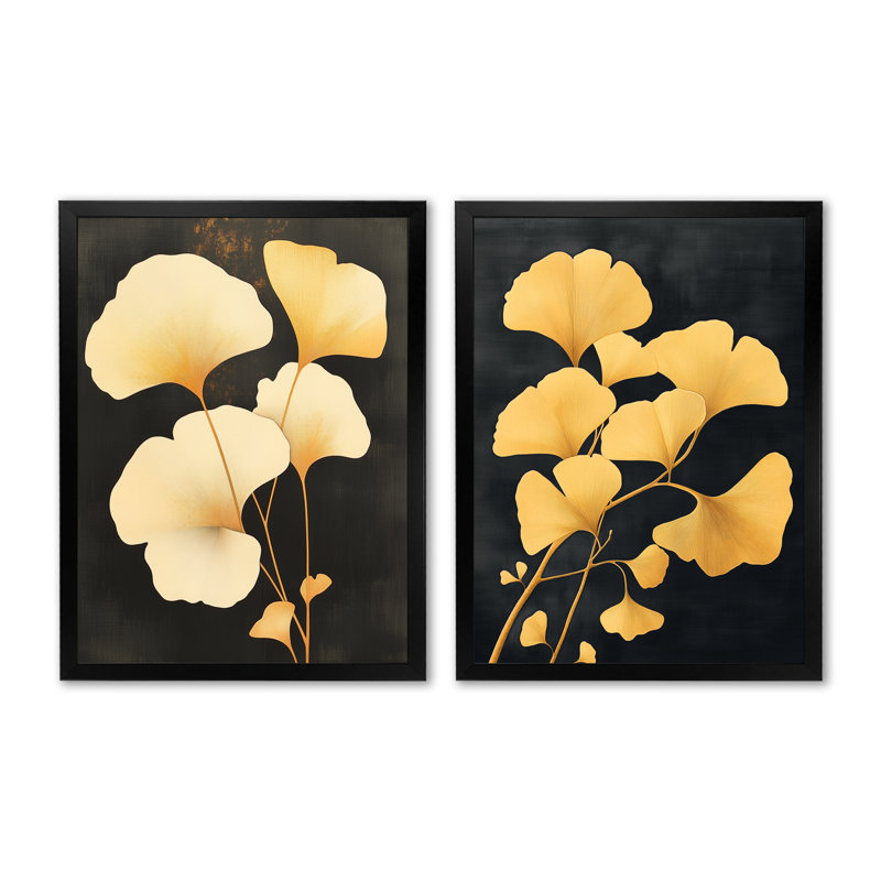 Feuilles de ginkgo dorées I - Ensemble de 2 impressions sur toile Ginkgo, 32" H x 48" W, Black Picture Framed
