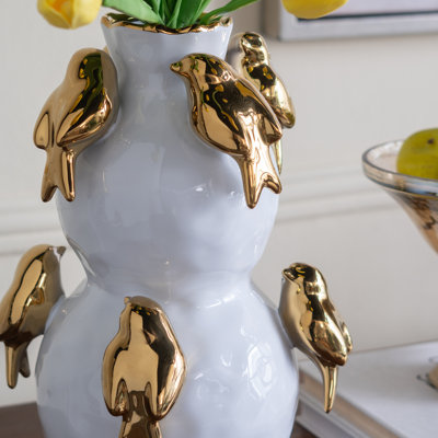Two-Tiered Ceramic Vase With Gold Bird Accents