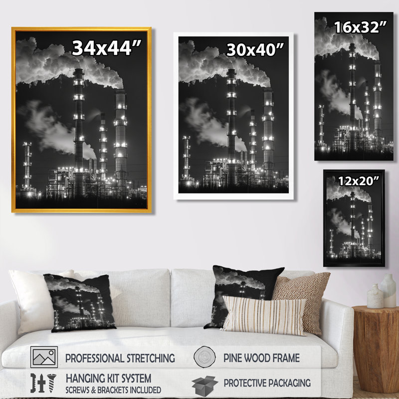 Monochromes gris Power Plant Towers - Power Plants Wall Art Living Room, Toile tendue, H 30 po x l 40 po