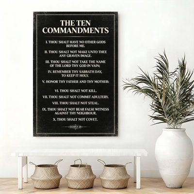 Toile, reproduction d'art classique, dix commandements sur toile, fond noir, typographie blanche, toile tendue avec châssis pour bureau personnel