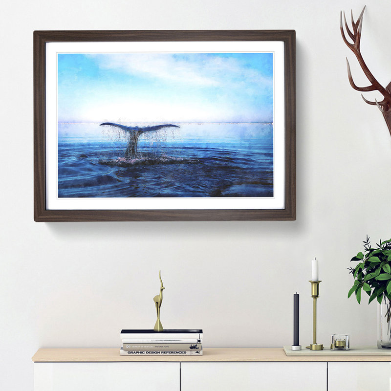 Whale Tail from the Ocean - Picture Frame Painting Print, 45cm H x 63cm W x 2cm D, Walnut Framed