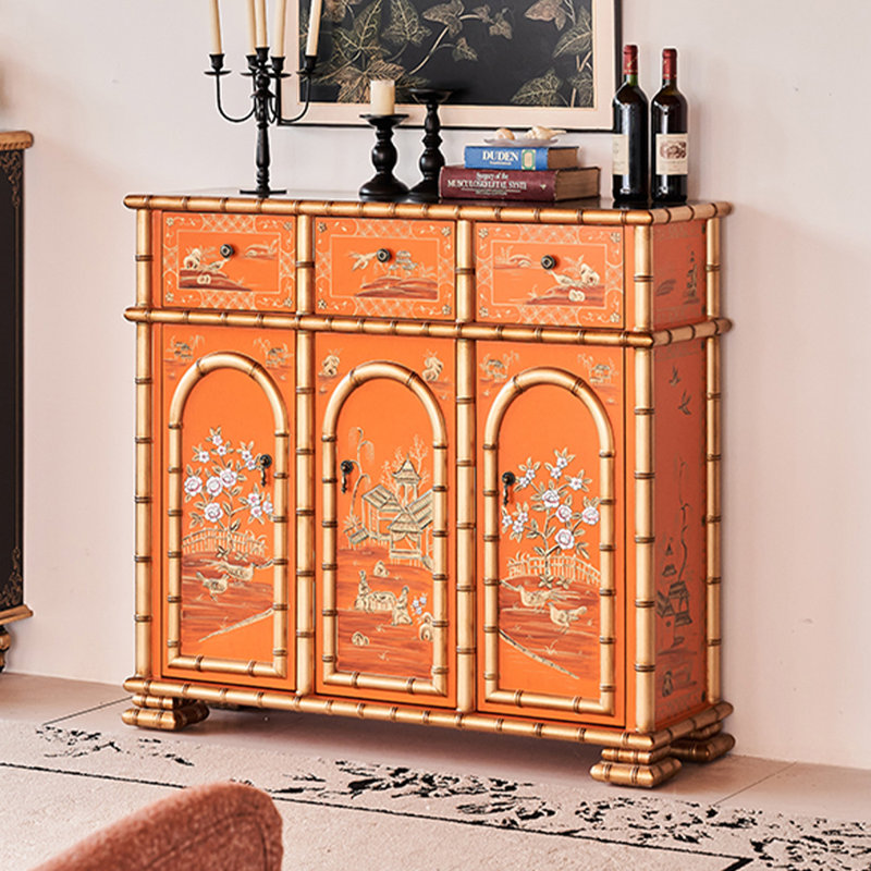 Banc de rangement orange en bois manufacturé