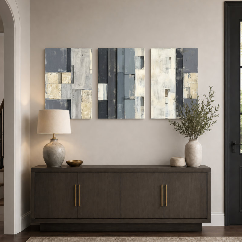 Ensemble de 3 toiles abstraites géométriques tendues sur châssis, idéales pour la décoration du salon, de la chambre et de la maison.