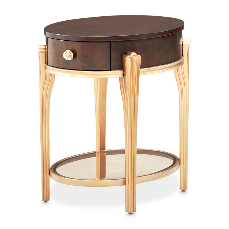Round Dark Brown Wood and Glass End Table with Storage