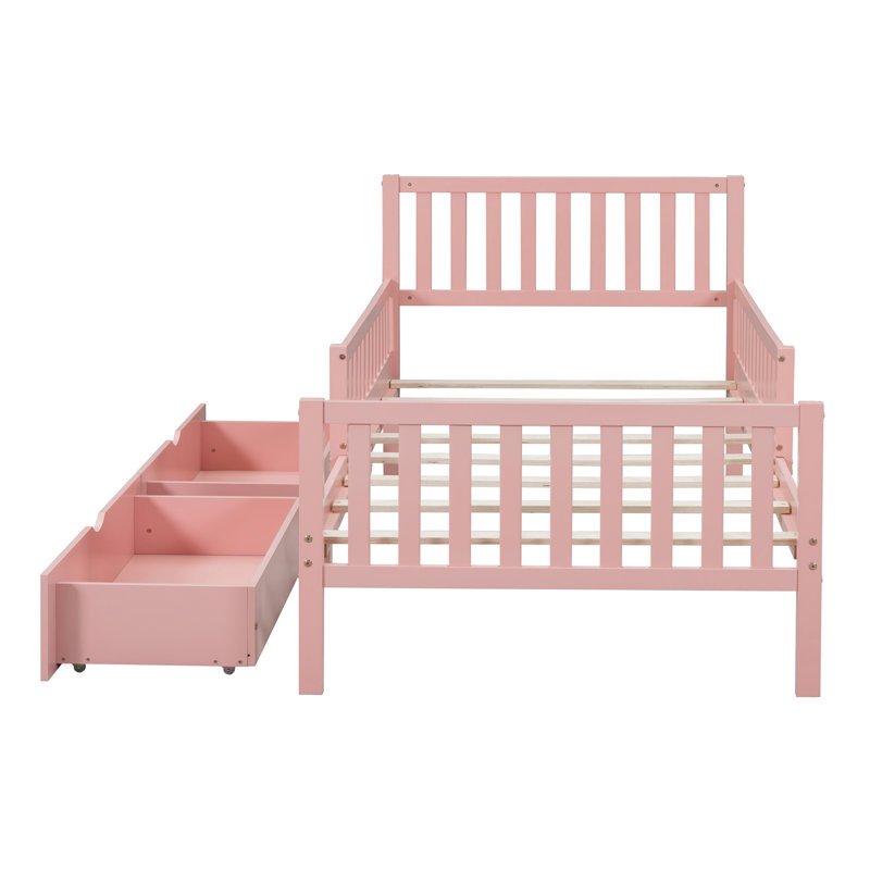 Lit plateforme simple en bois avec garde-corps des deux côtés et deux tiroirs de rangement