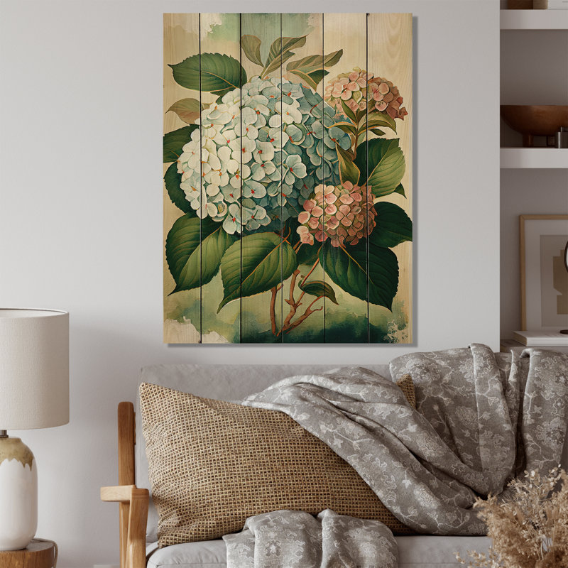 Hydrangena bleu rétro II - Art mural en bois floral - Bois de pin naturel, L 12 po x H 20 po
