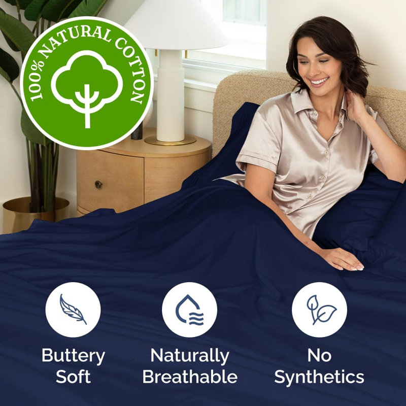 100% Cotton Sheet Set, 400 Thread Count Hotel Luxury Bedding, Soft & Breathable Bed Sheets, 4 Piece Set, Navy Blue