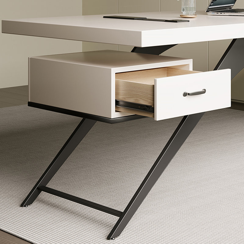 Bureau blanc rectangulaire en bois massif avec 4 tiroirs, bureau