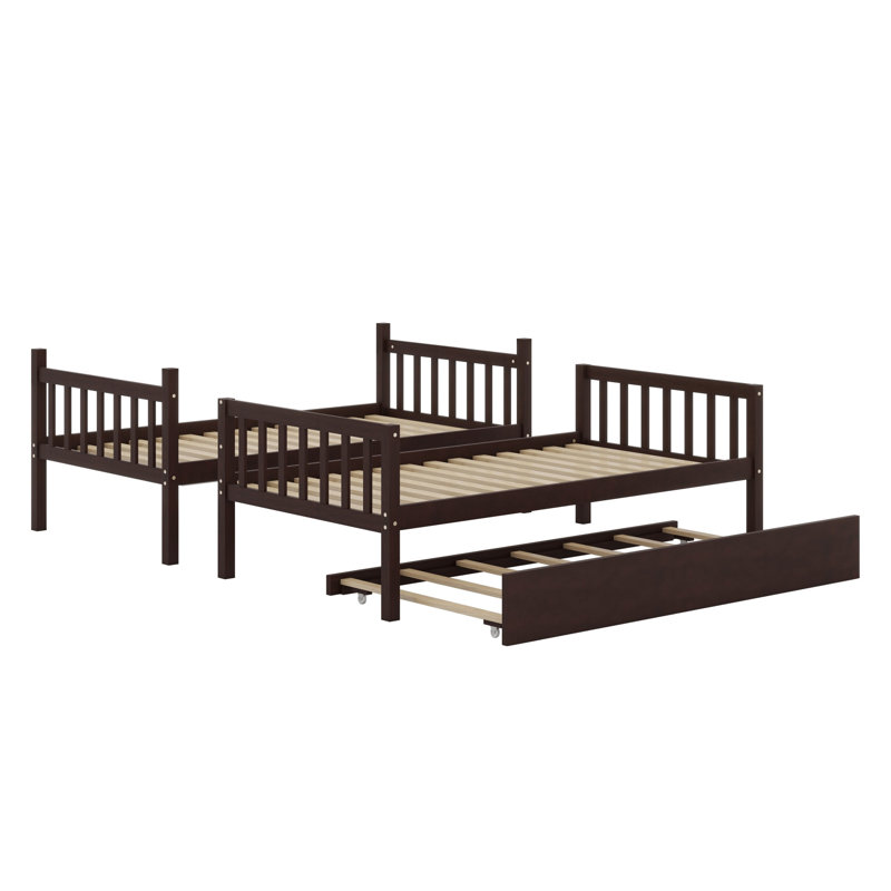 Space-Saving Wooden Bunk Bed With Trundle And Detachable Two Beds, Espresso