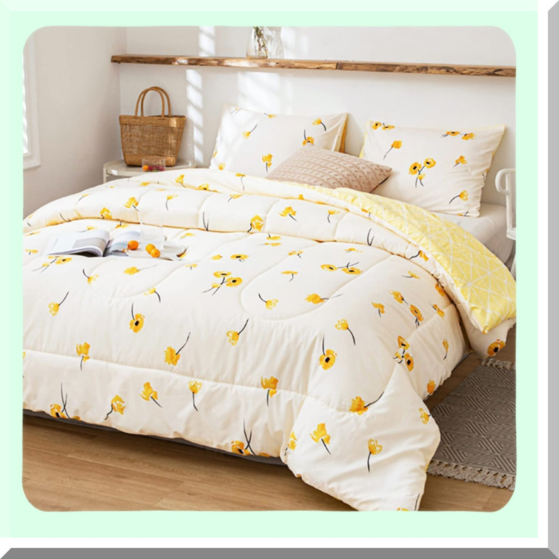 Sunshine Blossom Reversible Comforter Set - Queen Size Floral Plaid Bedding with Cute Botanical Pattern, Flowers Design.