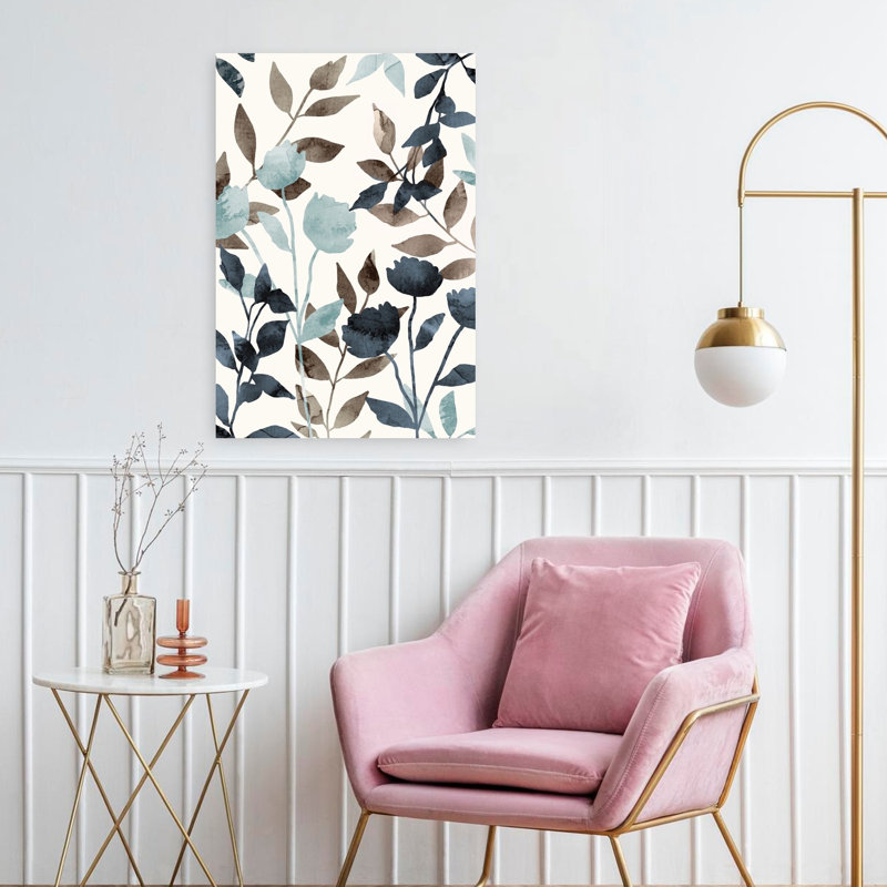 Art floral bleu abstrait neutre naturel minimaliste, 24" H x 16" W